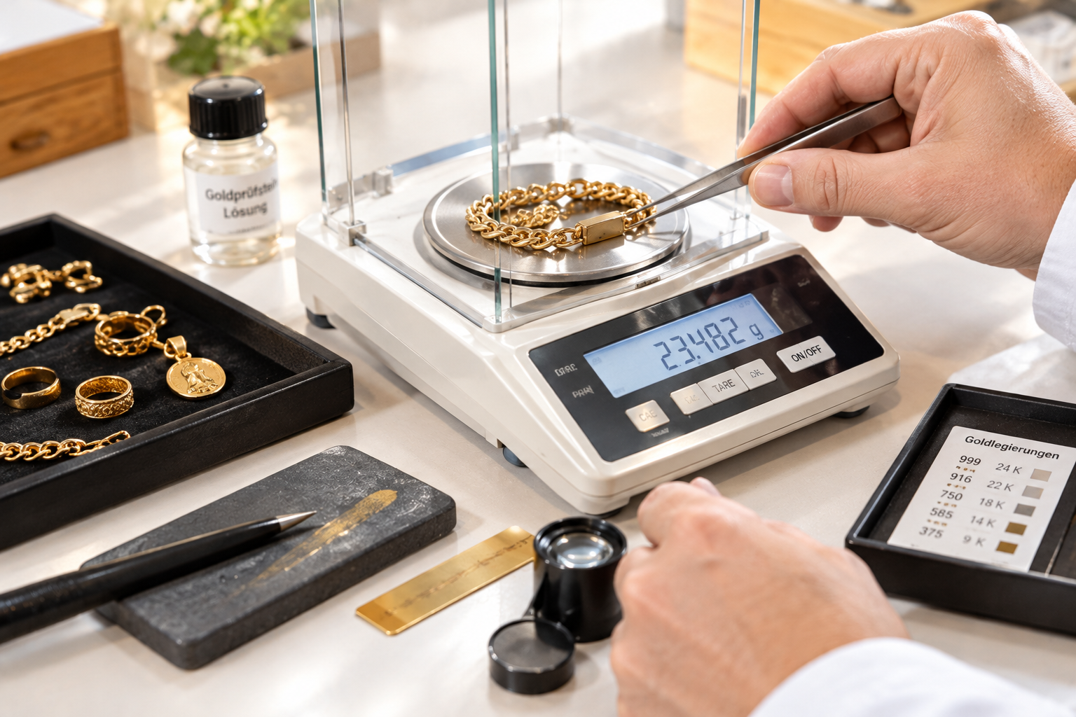 Nahaufnahme einer fachgerechten Goldbewertung mit Präzisionswaage. Sichtbare Hände, Goldschmuck und Prüfwerkzeuge. Möglichst authentische Werkstattsituation.