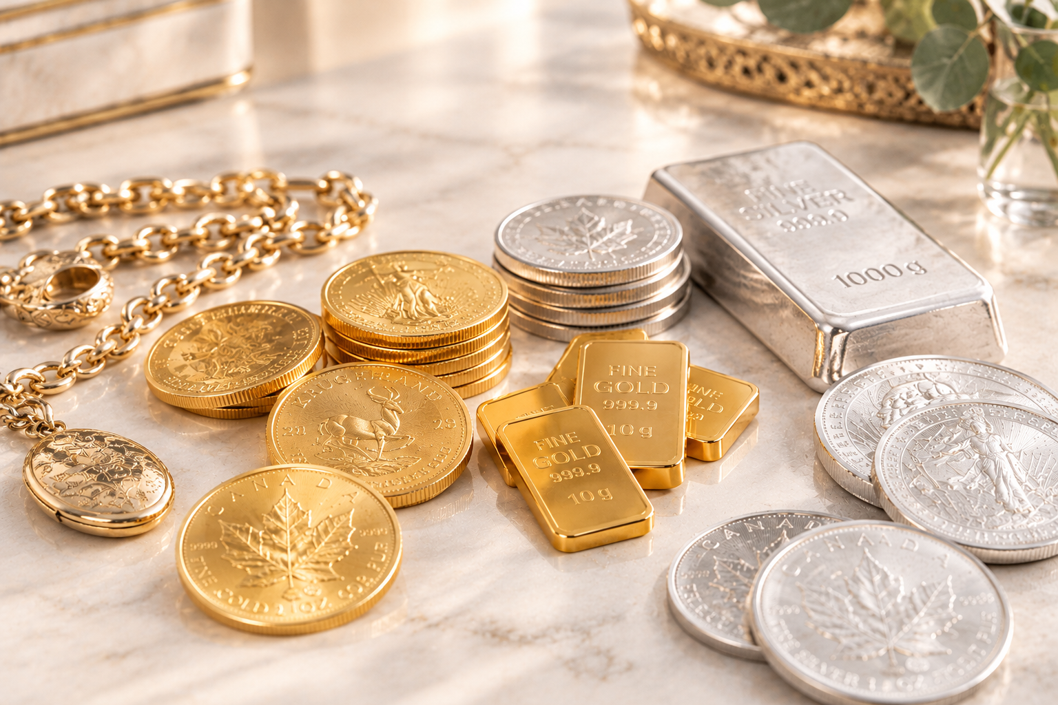 Goldmünzen und Goldbarren als Beispiele für den Edelmetallankauf in Leibnitz